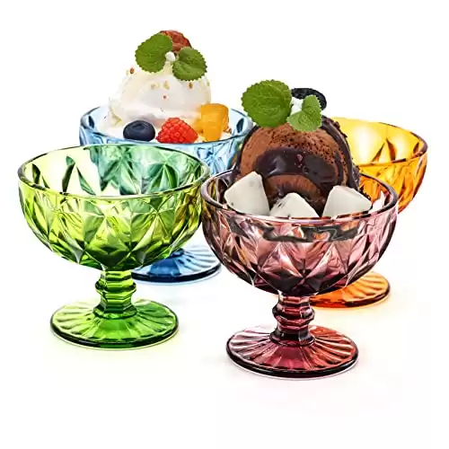 TIMEFOTO Ice Cream Glass Bowls Set of 4 Colored Dessert Bowls 7.5 Oz Vintage Diamond Glass with Footed Sundae Snack Cups for Farmhouse Holiday Party