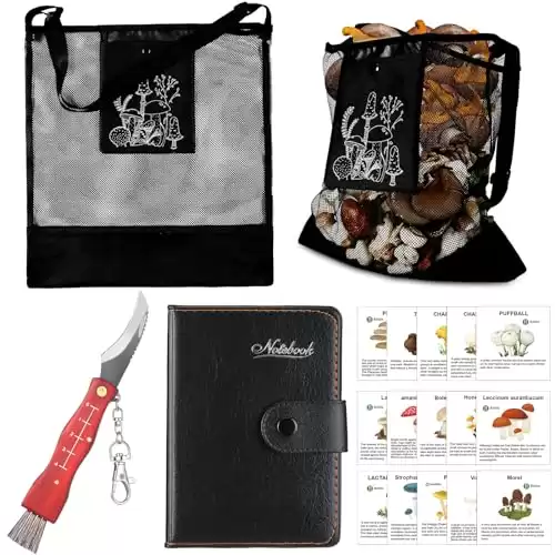 Seajan 18 Pcs Mushroom Foraging Kit Includes Hunting Bag, Knife, Brush Guide Cards and Notebook(Black)