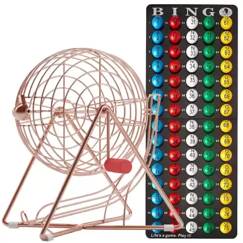 MR CHIPS 11" (Inch) Tall Professional Bingo Set with Steel Bingo Cage, Everlasting 7/8” Bingo Balls, Master Board for Bingo Balls - Rose Gold Color