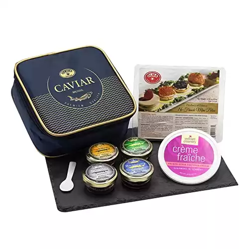 OLMA Noble Caviar Gift Set - 2 oz (56g) of Caviar, Includes Kaluga Royal, Siberian Osetra Aurora, Hackleback, Paddlefish, Serving Spoon & Blinis - Superior Grade Fresh Roe Fish Eggs