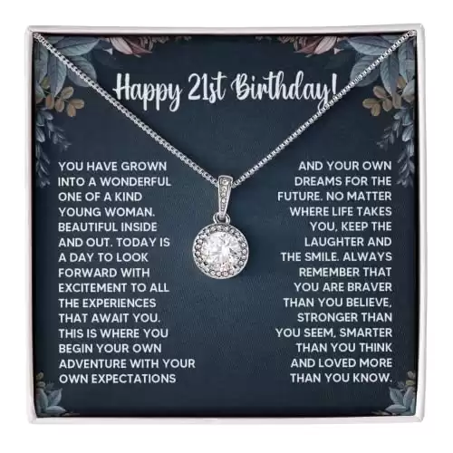 FG Family Gift Mall 21st Birthday Gifts For Her, 21 Year Old Female Birthday Card Necklace Gift Ideas, Happy Bday For Women Turning Finally 21, Stainless Steel, Cubic Zirconia