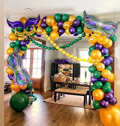 Mardi Gras Balloons Arch Garland Kit-Large mask balloon,Tail Moon Balloons and Purple Green Gold Balloons,Balloon Tie Tool,Balloon Strip Tape,Adhesive Dots for Carnival Birthday Party Supplies