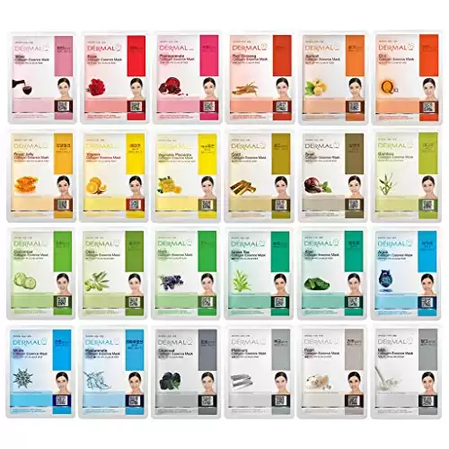 DERMAL 48 Combo Pack Collagen Essence Korean Face Mask - Hydrating and Soothing Facial Mask with Panthenol - Hypoallergenic Self Care Sheet Mask for All Skin Types - Natural Home Spa Treatment Mask