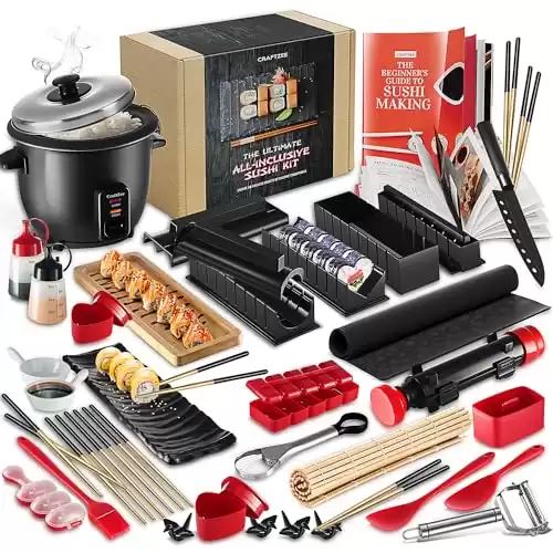 CraftZee Super Deluxe Sushi Making Kit - 42Pcs DIY Sushi Maker Kit with Rice Cooker, Sushi Bazooka Roller, Nigiri & Musubi Mold, Knife, Bamboo Rolling Mat, Spreader, Chopsticks & More