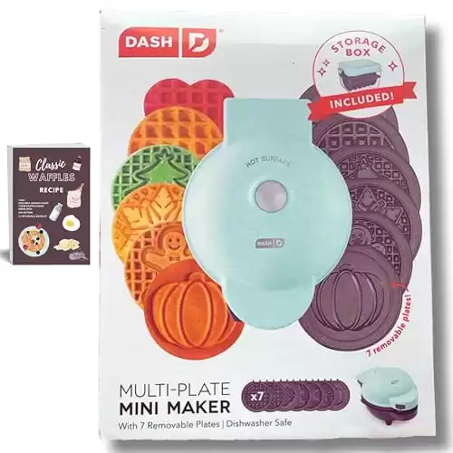 Mini Waffle Maker with 7 Removable Plates - Includes Storage container and Bundled with Waffle Recipe Card by Infinite Abundance Bundles