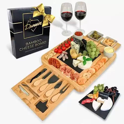 Bamboo Cheese Board and Knife Set Ceramic Bowls Wine Opener - 100% Organic Wood Serving Tray Charcuterie Board Perfect Choice for Gourmets, Birthday Presents, Wedding Gifts, Mothers & Housewarming
