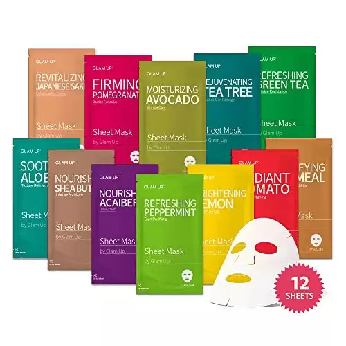 GLAM UP Premium Facial Sheet Mask 12 Combo (Pack of 12) | Face Masks Skincare, Hydrating Face Masks, Moisturizing, Soothing, Beauty Mask For All Skin Type Variety Beauty Mask Set