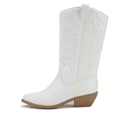 Soda Women Cowgirl Cowboy Western Stitched Boots Pointy Toe Knee High Reno-S (8.5, White/Beige PU, numeric_8_point_5)