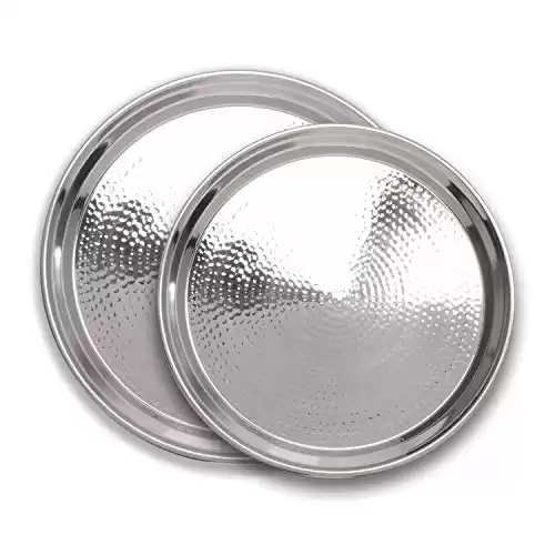 Hammered Stainless Steel Trays – Round Silver Serving Trays - Metal Serving Tray - 2 Pc - Large Tray 15” Medium Tray 13” - Decorative Platters – by Colleta Home