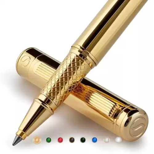 Scriveiner Gold Rollerball Pen - Stunning Luxury Pen with 24K Gold Finish, Schmidt Ink Refill, Best Roller Ball Pen Gift Set for Men & Women, Professional, Executive Office, Nice Pens