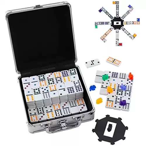 Homwom Double 12 Colored Dot Dominoes Mexican Train Game Set, 91 Tiles Dot Dominoes with 9 Trains, Scoreboard, Octagon Shape Hub and Aluminum Case