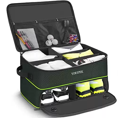YOREPEK 2 Layer Golf Trunk Organizer Storage for 2 Pair Shoes, Golf Trunk Storage with Adjustable Dividers Separate Compartments for Golf Supplies, Gloves, Golf Items, Golf Gifts For Men, GREEN