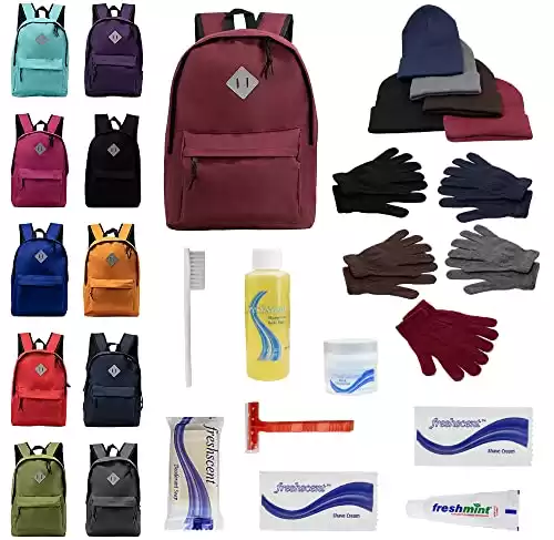 Bulk Case of 12 Backpacks and 12 Winter Item Sets and 12 Toiletry Kits - Wholesale Care Package - Emergencies, Homeless, Charity