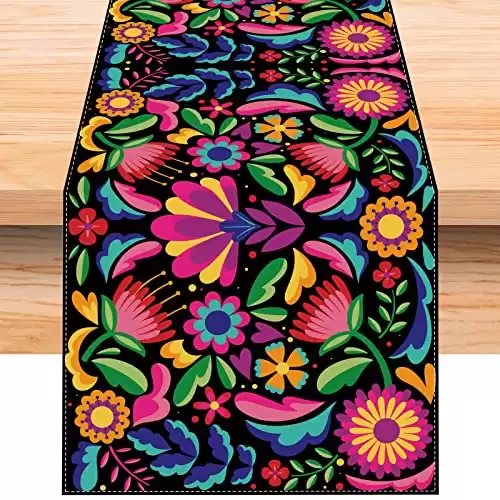 Linen Mexican Fiesta Table Runner 90 Inches Long Cinco De Mayo Tablecloth Dia De Los Muertos Decor Day of The Dead Decorations and Supplies for Home