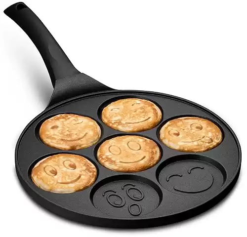 Gourmia GPA9540 Emoji Smiley Face Pancake Pan - Fun 7 Emoji Mini Pancake and Flapjack Maker - Die Cast Aluminum, Double Layer Nonstick Coating - Cool-to-Touch Handle