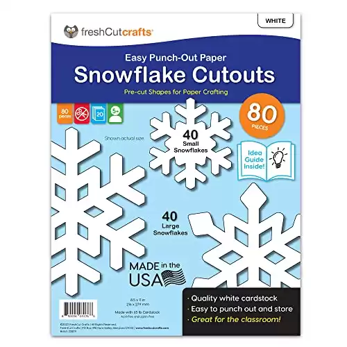 80 Pieces Snowflake Paper Cutouts with IDEA Guide, 2-Sided US Made Card Stock Punch Out White Snowflakes for Bulletin Boards, Classroom Decor, and Winter Crafts