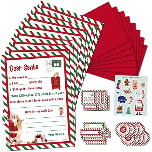 KOFECIT Letter To Santa Kit 8 Sets - 5x 7”Fill in The Blank Cards with Red Envelopes/Stickers/Seals/Address Labels- Official Letters To Santa Writing Kit for Christmas Wish List