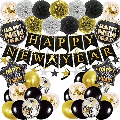 2024 Happy New Year Decorations Kit New Years Eve Party Supplies for Happy New Year Decorations 2024 Black Gold Happy New Year Decor