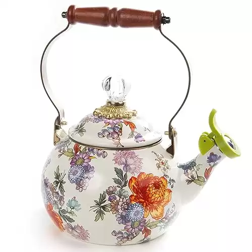 MacKenzie-Childs Flower Market Enamel Whistling Tea Kettle, Decorative Tea Kettle, White