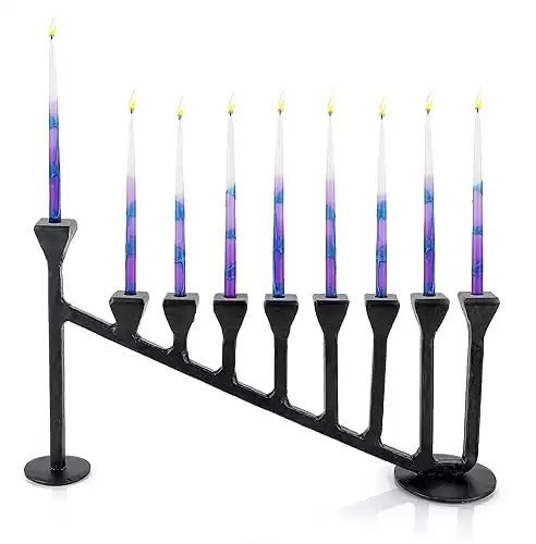 Stur-De Hanukkah Menorah 9-Branch Hanukiah - Decorative Menorahs for Chanukah, Handcrafted Iron Candlestick Holder - Compatible with Small Menorahs Hannukah Candles - Black, 13.7" L x 3" W x...