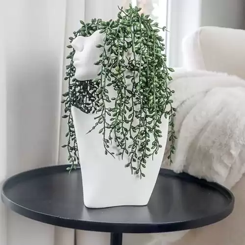 Luxurious 10.5" Matte White Ceramic Face Vase Set, with 4 Artificial Succulent Hanging Plant Stems Modern Nuetral Decor Living Room Home Office Bookshelf Decorations Head Vase with Faux Hanging S...