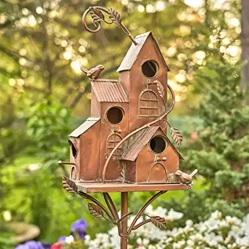 Large Copper Colored Multi-Birdhouse Stakes, Room for 4 Bird Families in Each (Castle Home)