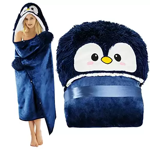 Penguin Wearable Hooded Blanket for Adults Super Soft Warm Cozy Plush Flannel Fleece & Sherpa Hoodie Throw Cloak Wrap - Penguin Gifts for Women Adults Girls and Kids