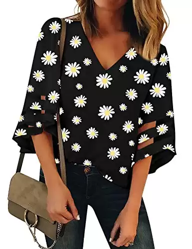 LookbookStore Women's Casual Cute V Neck Mesh Panel Blouse 3/4 Bell Sleeve Loose Top Flowy Lounge Shirt Daisy Floral Printed Black Size Large