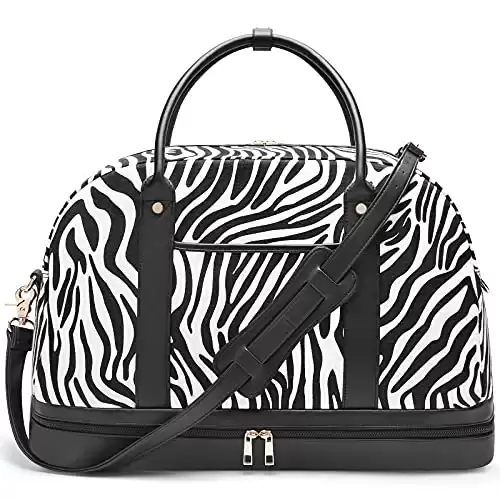 Weekender Bag for Women Canvas Overnight Bag Large Travel Bags for Women Carry on Shoulder Duffle Bag With Shoe Compartment,Perfect for Travel/Daily Use/Birthday Gift（Black Zebra）