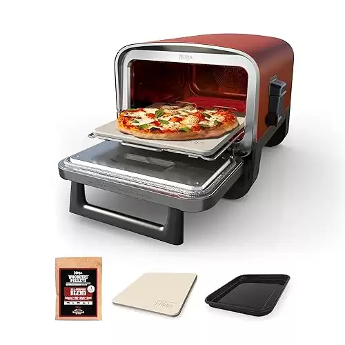 Ninja Woodfire Outdoor Pizza Oven, 8-in-1 Portable Electric Roaster Oven, Heats up to 700 F, 5 Artisan Pizza Settings, Integrated BBQ Smoker Box, Includes Flavored Wood Pellets, Terracotta Red