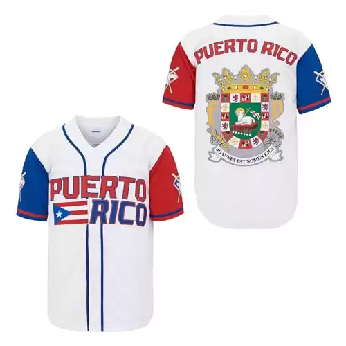 Men's Puerto Rico Jersey Button Down Short Sleeve 90S Hip Hop Embroidered Retro Baseball Jersey (US, Alpha, X-Large, Regular, Regular, White)