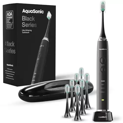 Aquasonic Black Series Ultra Whitening Toothbrush ADA Accepted electric toothbrush- 8 Brush Heads & Travel Case 40,000 VPM Electric Motor & Wireless Charging - 4 Modes w Smart Timer