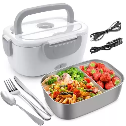 AsFrost Electric Lunch Box for Car/Truck Home/Work/Office, 12V/24V/110V 60W Portable Food Warmer Heated Lunch Box for Men & Adults With 304 Stainless Steel Container 1.5L, Leak Proof, SS Fork Spoo...