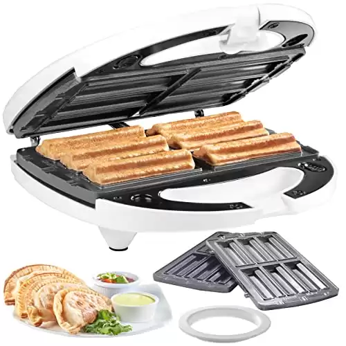 Empanada and Churro Maker Machine - Cooker w 4 Removable Plates - Easier than a Press - Includes Dough Cutting Circle for Easy Measurement, Mexican Dinner Night Treat or Fiesta Party Food Supplies