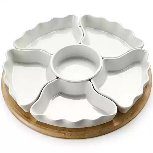 DOWAN 360 Rotatable Serving Tray and Platters, 12 Inch Divided Serving Bowls for Party, Kitchen Decor, Removable Serving Dishes for Chips and Dip, Fruit, Veggies, Candy and Snacks, 7 Pieces, White