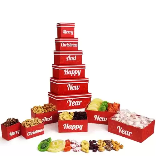 Merry Christmas and Happy New Year 6 Tier Indulgence Gift Basket Tower with Dried Fruits & Nuts - Gourmet Food Present for Men & Women