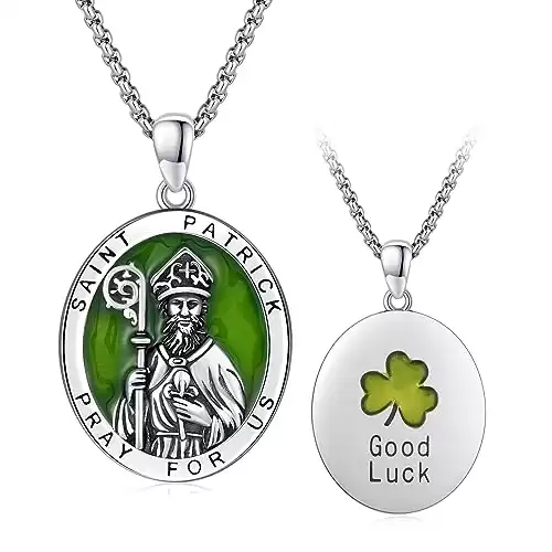 XIXLES Saint Patrick Necklace, 925 Sterling Silver St Patrick Pendant, Men Women Religion Jewelry Gifts