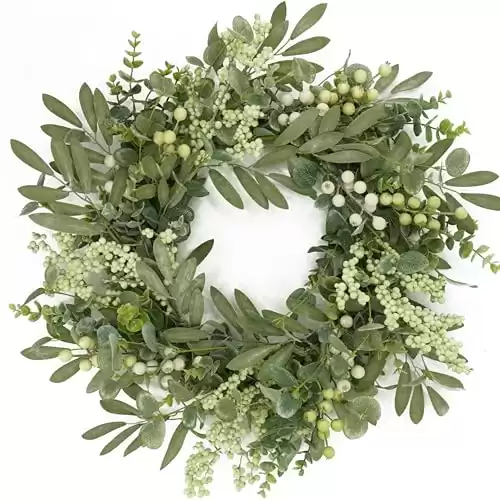 AMF0RESJ Green Eucalyptus Wreaths for front door Spring Summer Wreath with eucalyptus leaves,olives leaves,mixed berry for Indoor Outdoor Farmhouse Home Porch Wall Window Festival Wedding Decor