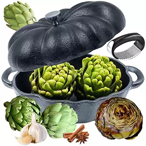 AOKDEER Pre-Seasoned Artichoke Roaster, Cast Iron Artichoke Hearts Roaster for Kitchen, Dining Room, Outdoor BBQ Grill Garlic Alcachofa Tools, Jarred Artichoke Hearts Garlic Baker Grilled Artichoke