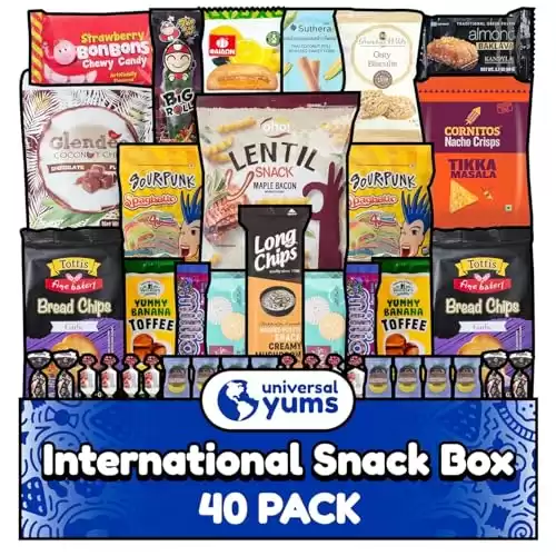 Universal Yums International Snack Box | Variety Pack Of Chips, Candy, Chocolates, And Snacks From Around The World | Foreign Snacks For Office, Family, Gifts, And Parties | (50 Exotic Snacks)