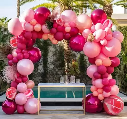 Hot Pink Balloon Garland Double Stuffed Dark Pink Baby Pink Balloon Arch Kit Pastel Pink Marble Balloons Burgundy Fuschia Magenta Balloons for Girls Women Princess Birthday Baby Shower Party Decor