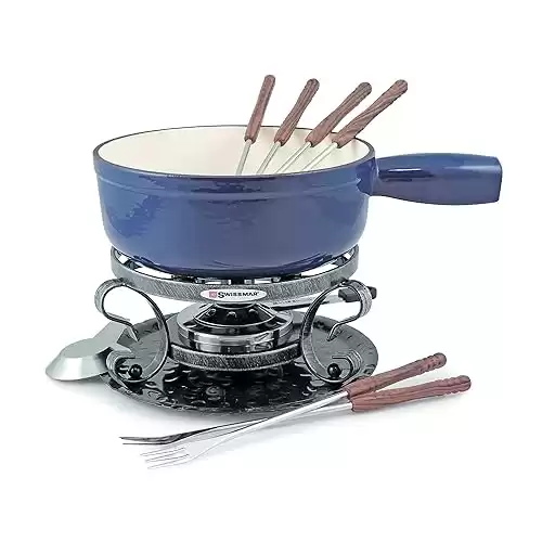 Swissmar KF-66518 Lugano 2-Quart Cast Iron Cheese Fondue Set, 9-Piece, Deep Blue