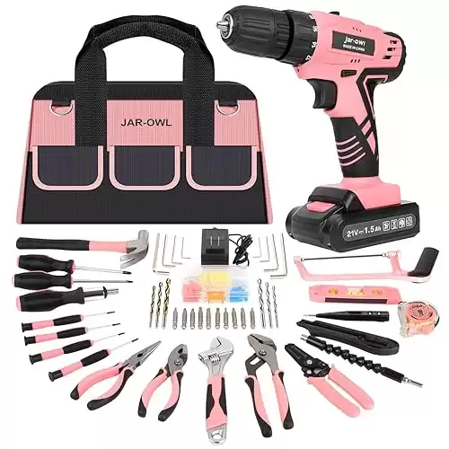 Jar-Owl 21V Pink Drill Set Tool Kit Set Power Drill for Women DIY with Storage Bag Tool Box,350 in-lb Torque, 0-1350RMP Variable Speed, 10MM 3/8'' Keyless Chuck, 1.5Ah Li-Ion Battery for Hom...