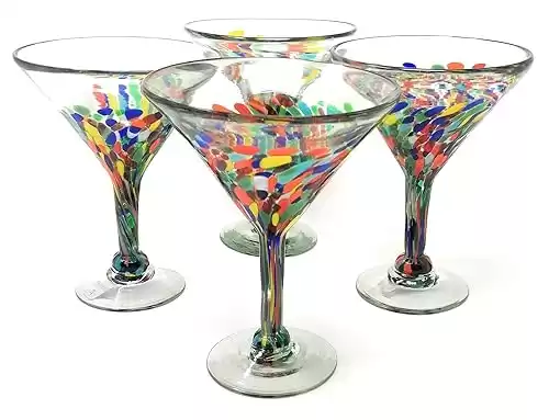 Dos Sueños Mexican Hand Blown Glass – Set of 4 Hand Blown Modern Margarita Glasses - Confetti Carmen (12 oz)