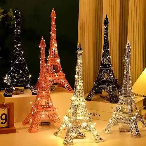 6 Pcs Eiffel Tower Statue 15 Inch Metal Eiffel Tower Model Figurine Paris Themed Eiffel Tower Centerpiece with Light Strings Eiffel Tower Cake Topper for Party Table Kitchen Decoration