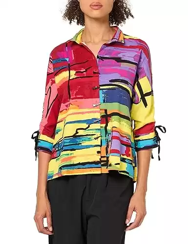 Ali Miles Women's Petite Printed Woven Button Front Tunic Wire Collar Three Quarters Sleeves