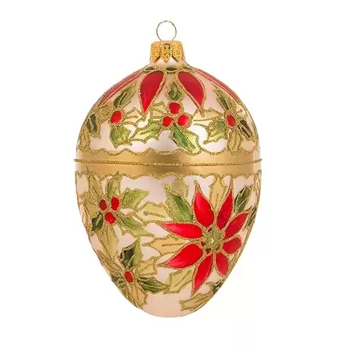 Miss Christmas Palace Collection 2024 Gold Fabergé Egg 5-Inch Blown Glass Christmas Tree Ornament (Holiday Poinsettia Pattern)