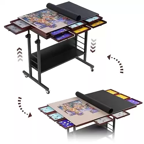 Tektalk 2000 Piece Foldable Puzzle Board with Height Adjustment, Jigsaw Puzzle Table with 2 Felt Cover & 8 Sorting Trays/Drawers, Puzzle Easel with Legs, Enclosed with 4 Roller Wheels (Black)